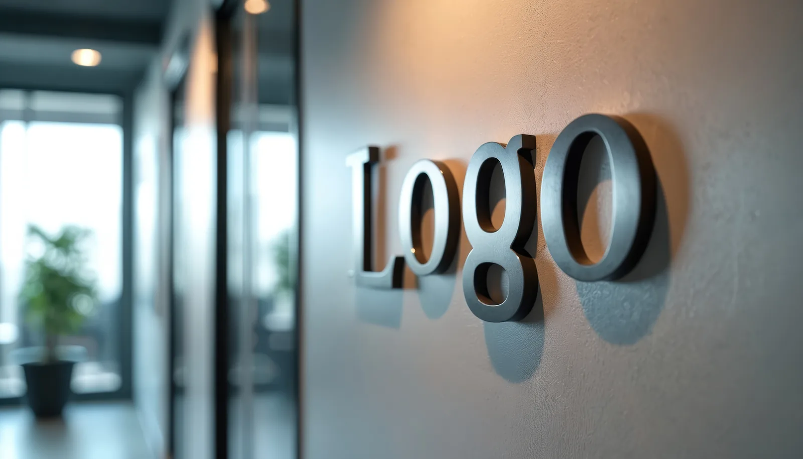 Dimensional office lobby lettering mounted on a wall