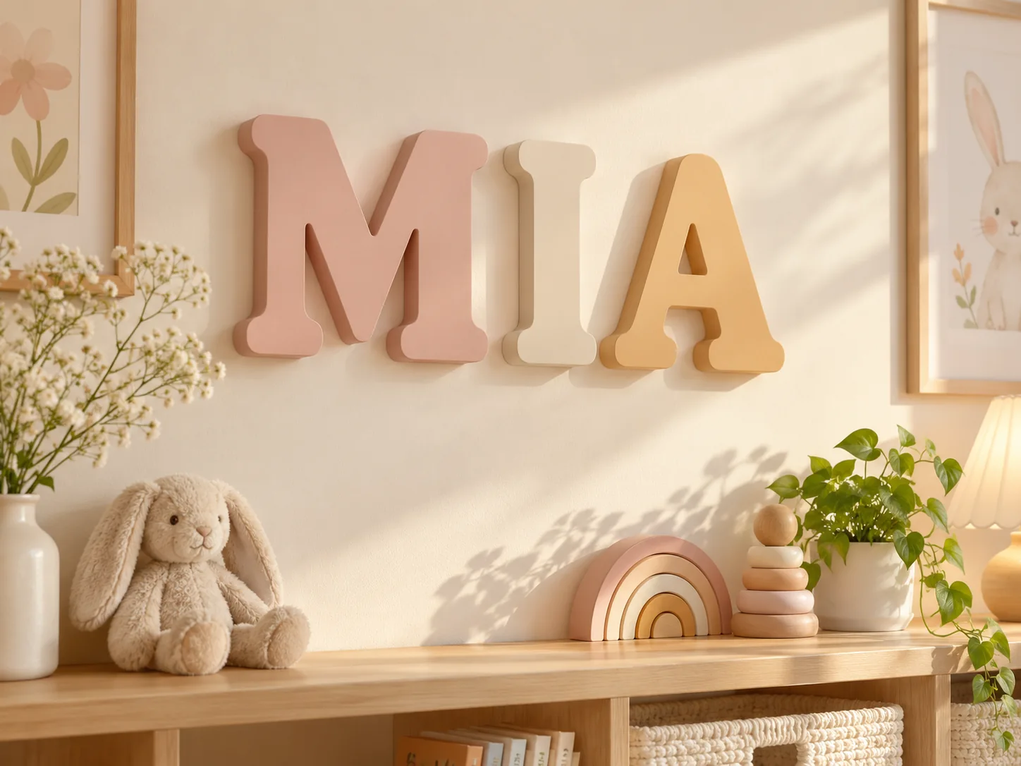 Design concept of pastel 3D MIA name letters on a nursery wall