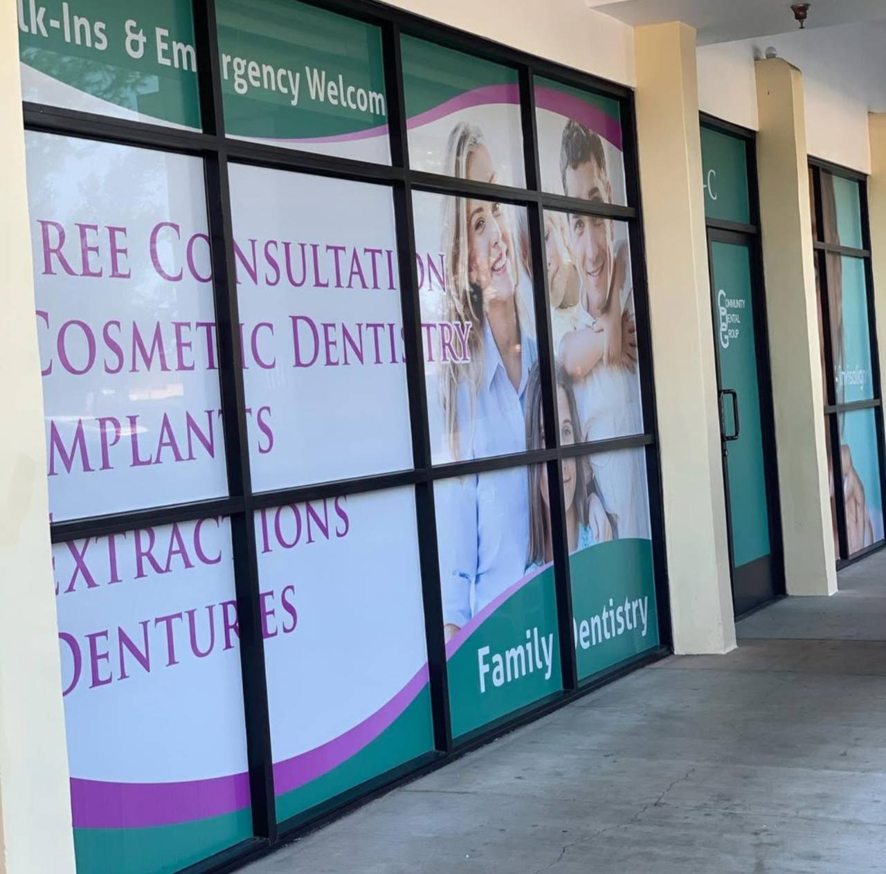 Custom window lettering and graphics at a dental office