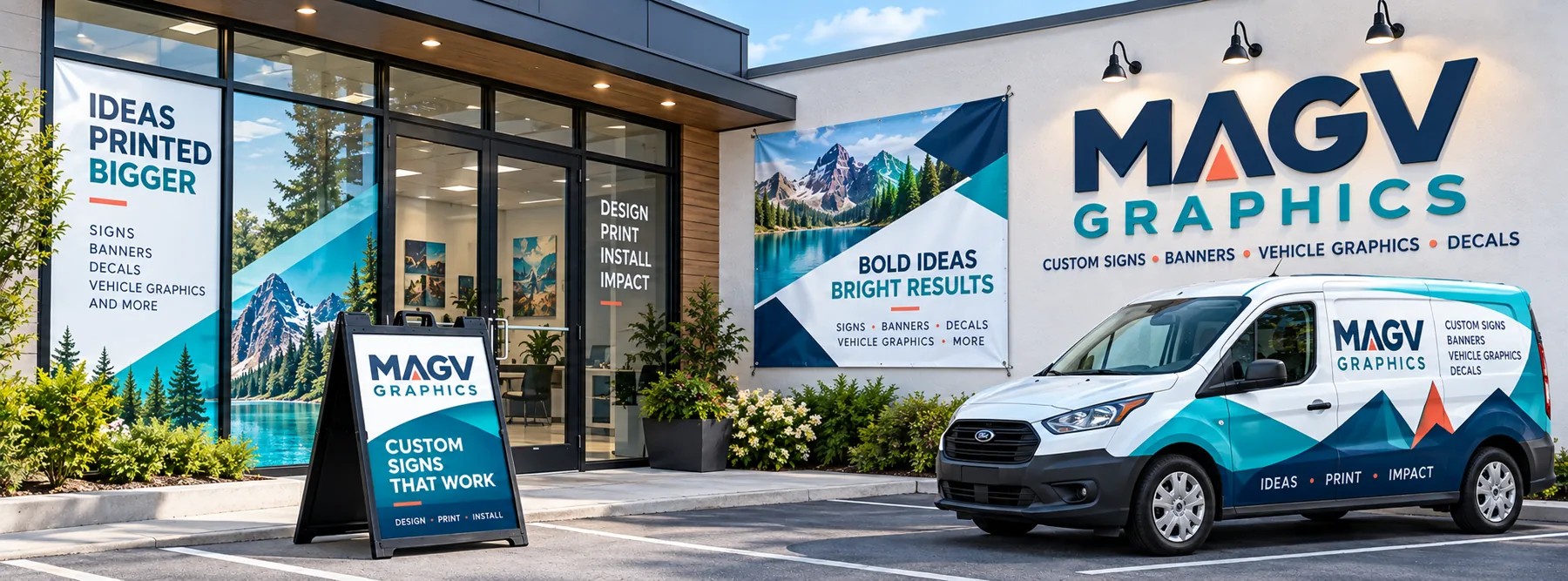 Concept illustration of a MAGV-branded storefront, signs, window graphics and wrapped vehicle