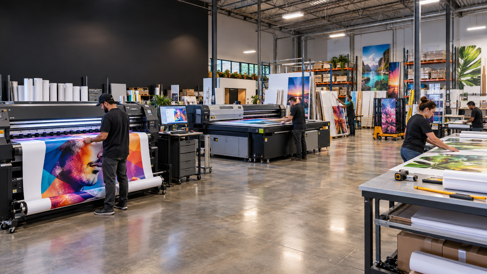 Print production equipment and graphics in a workshop