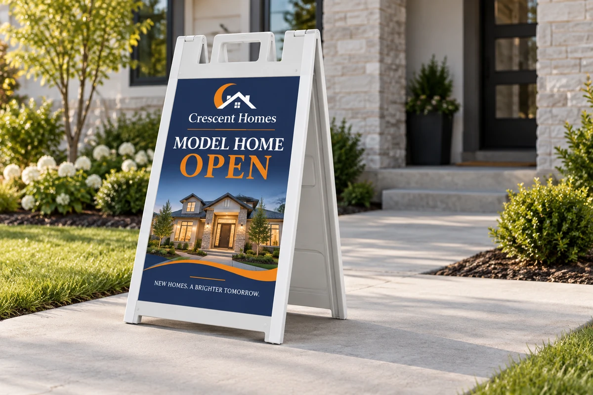 A printed A-frame sign positioned to guide approaching customers