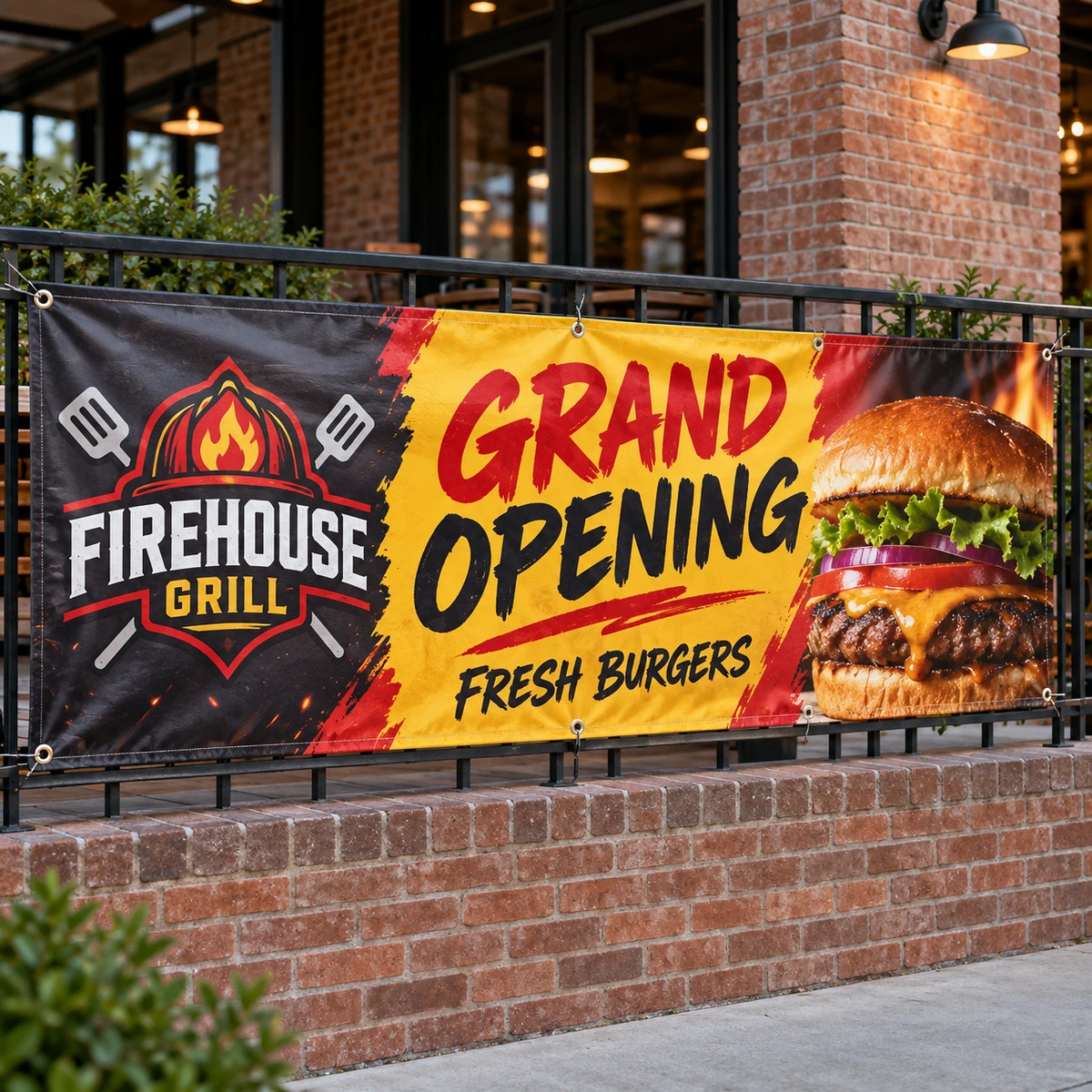 Printed promotional banner displayed outside a business
